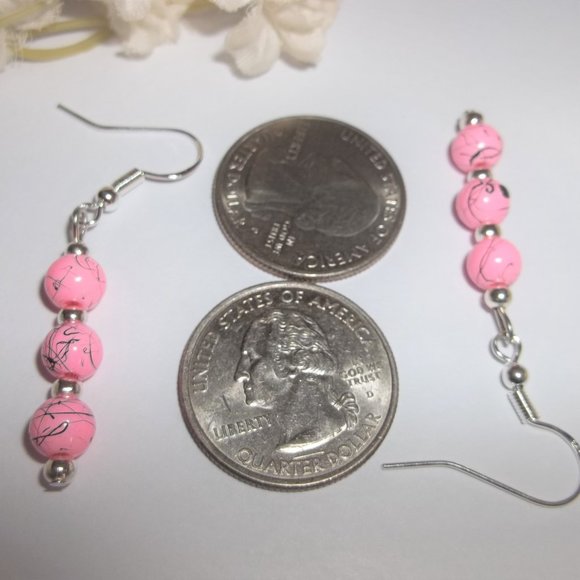 Hot Pink and Silver Beaded Dangle Earrings Set Fashion Accessory Gift Idea 6905 - Picture 2 of 7